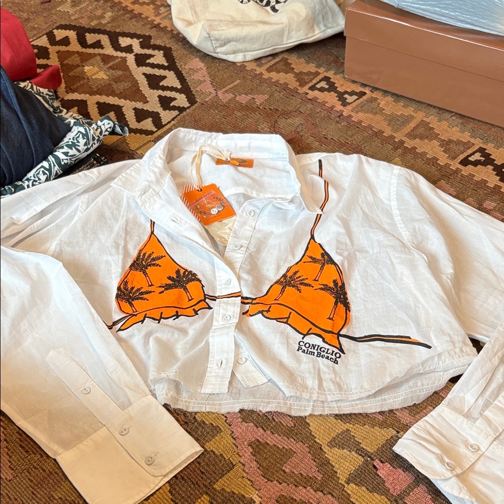 Coniglio Women's White Button Down Shirt with Orange Bikini Print